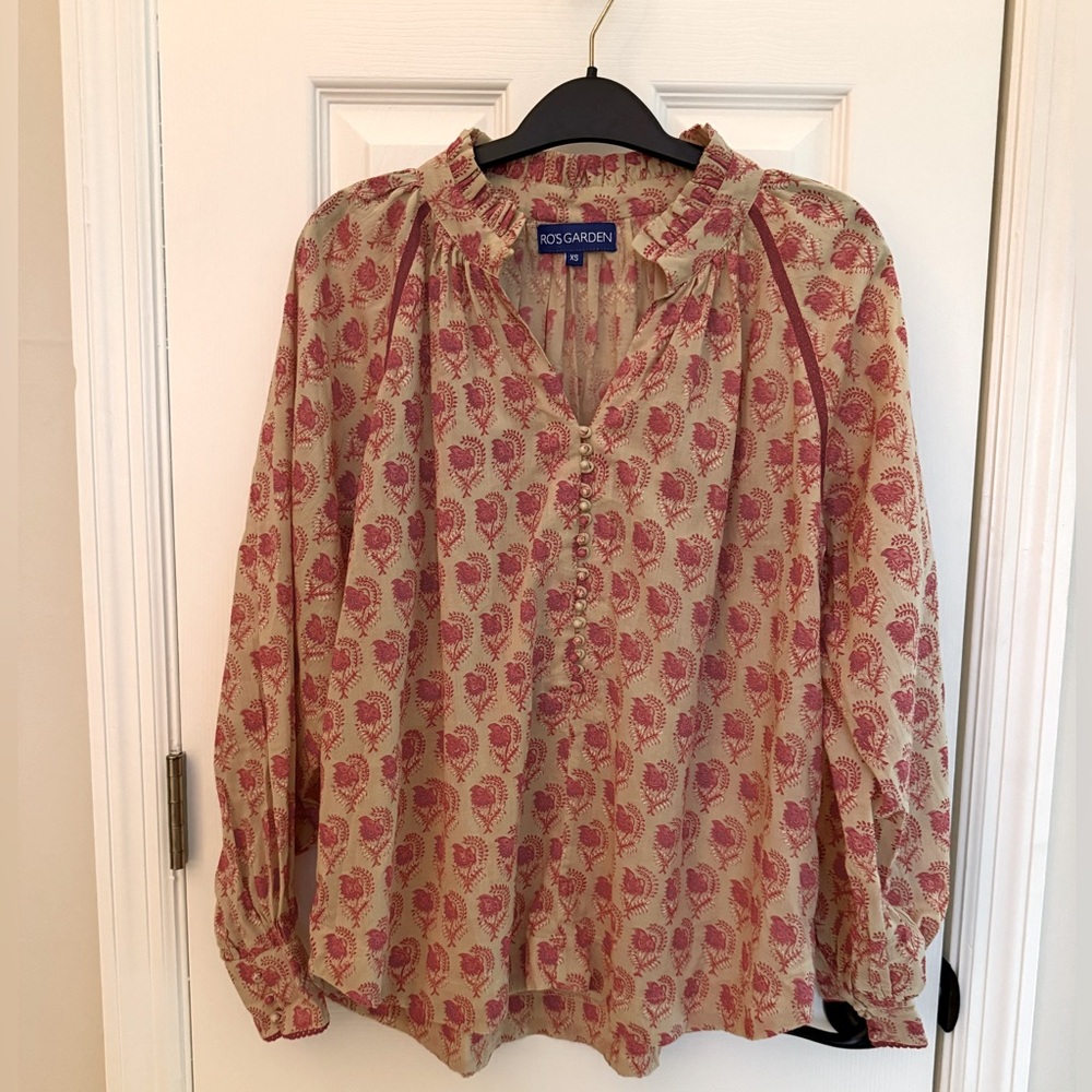 Ro’s Garden Block Print Peasant Blouse Top XS